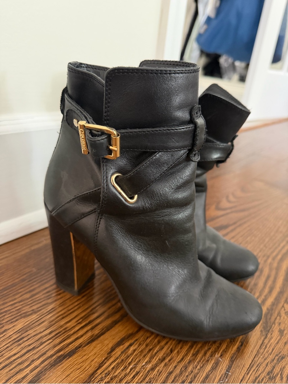 C. Wonder Black Ankle Boots with Gold Buckle